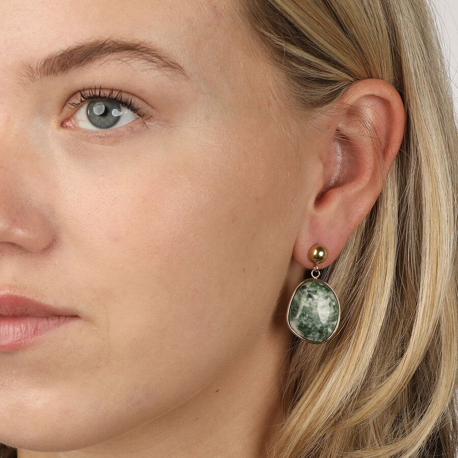 My Bendel Gold earring with round pendant and green spot jade gemstone