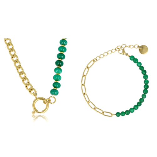 My Bendel Gouden Ketting & Armband Set met Green Agate Edelsteen