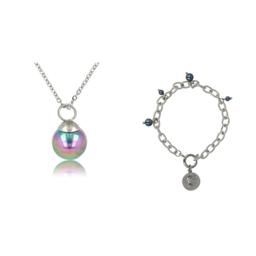 My Bendel Set of silver necklace and bracelet with Black Pearl