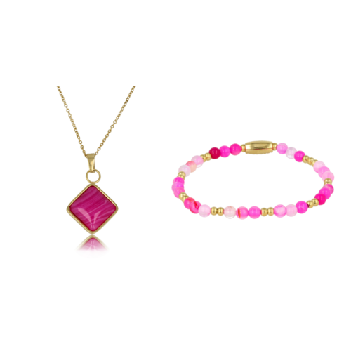 My Bendel Gouden Ketting & Armband Set met Rose Stripe Agate Edelsteen