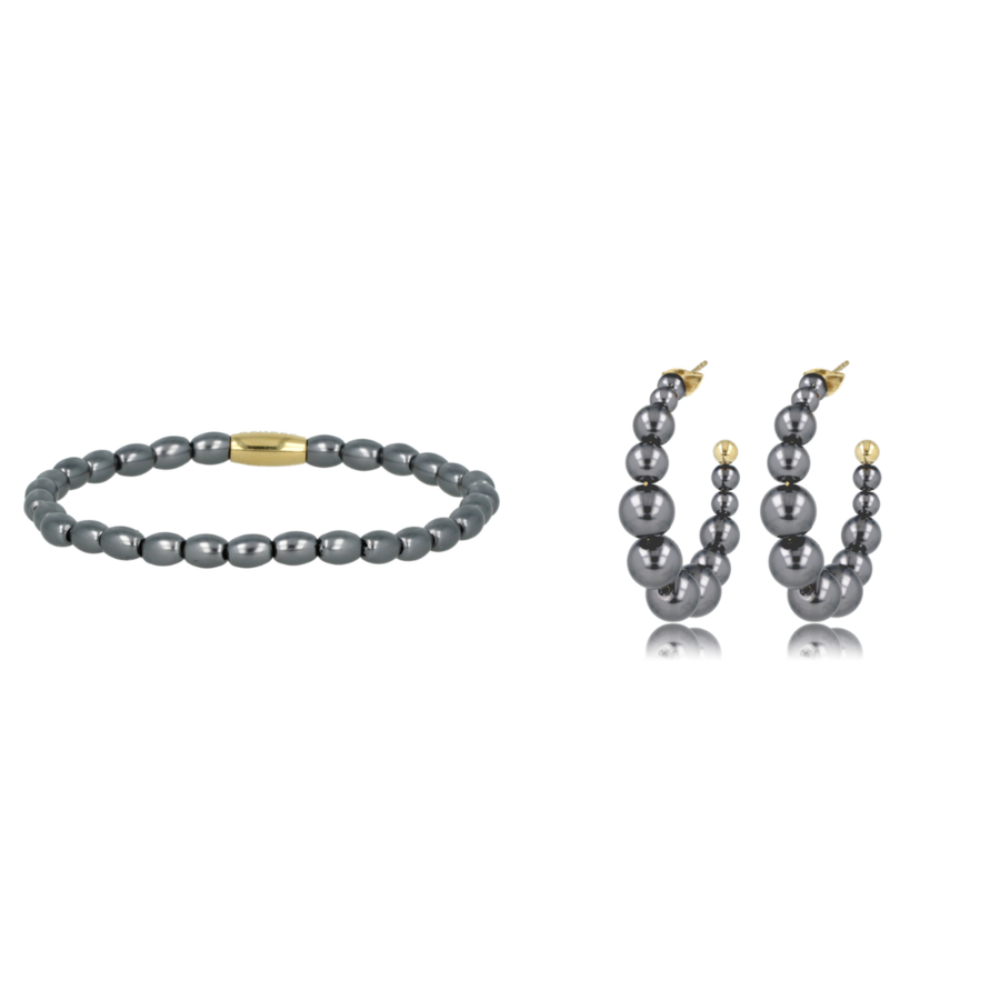 My Bendel My Bendel - Matching set of gold elastic bracelet and earrings with black pearl