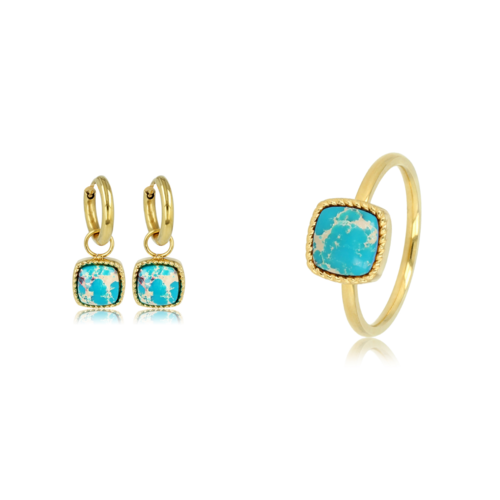 My Bendel Set of gold earrings and ring with Imperial Jasper