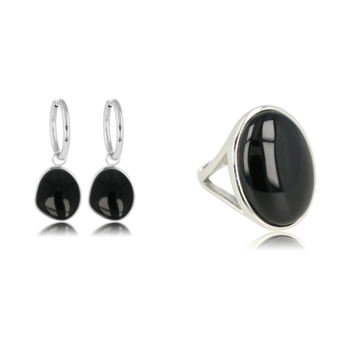 My Bendel Onyx Elegantie: Zilveren Ring & Oorbellen Set