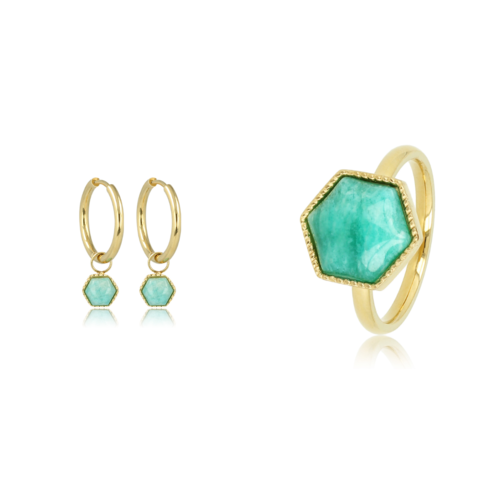My Bendel Amazonite Elegantie: Gouden Ring & Oorbellen Set
