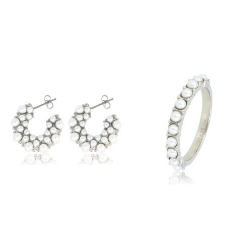 My Bendel Elegante Zilveren Set: Ring & Oorbellen met Witte Parel