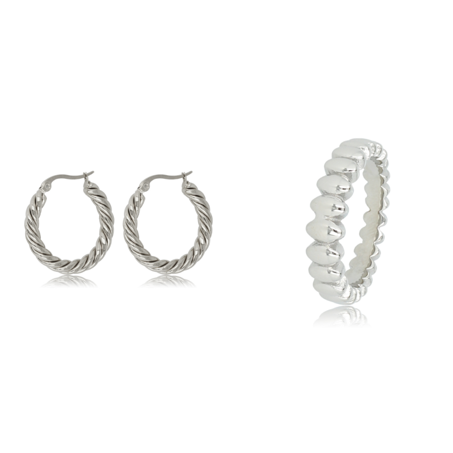 My Bendel My Bendel - Matchende set van een zilveren ring met ribbels en zilveren oorbellen met twist