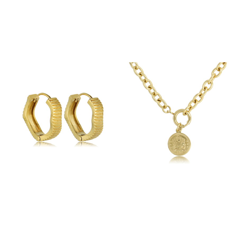 My Bendel My Bendel - Matchende set van gouden oorbellen met ribbels en gouden schakelketting met munt