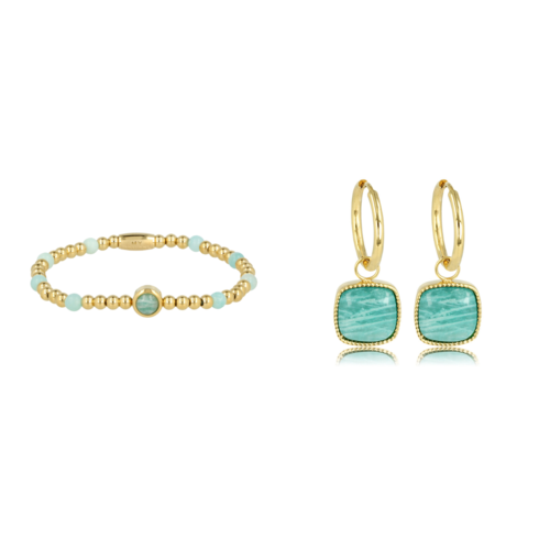 My Bendel Amazonite Elegantie: Gouden Armband & Oorbellen Set