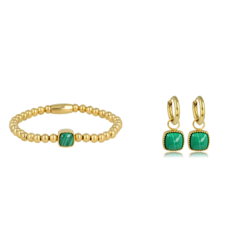 My Bendel Gouden Malachite Elegantie: Armband & Oorbellen Set