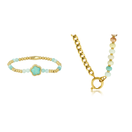 My Bendel Gouden Ketting & Armband Set met Amazonite Edelsteen
