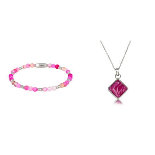 My Bendel Set of silver necklace and bracelet with Rose Stripe Agate