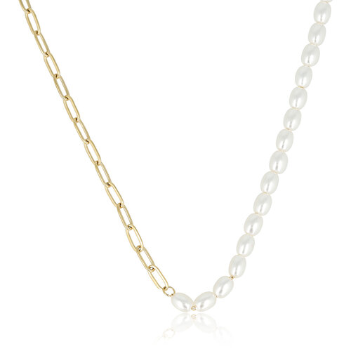 My Bendel Gouden Schakelketting met Ovale Witte Parels