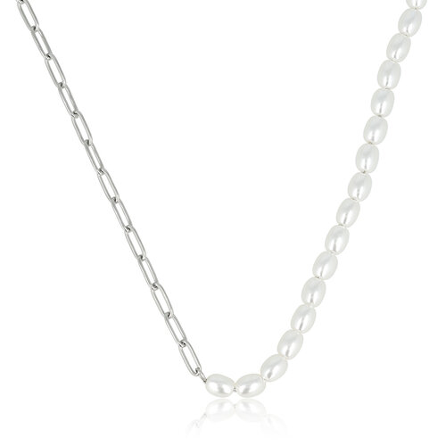 My Bendel Zilveren Schakelketting met Ovale Witte Parels