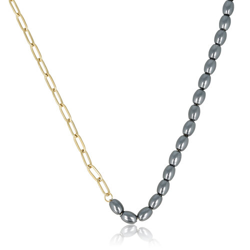 My Bendel Gouden Schakelketting met Zwarte Parels
