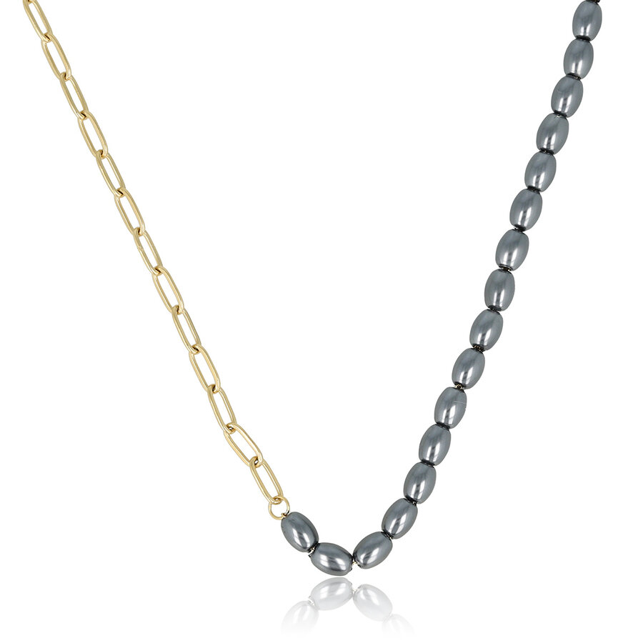 My Bendel Gouden ketting met ovale zwarte parels, een elegant sieraad dat elke outfit glamour geeft. Perfect voor elke gelegenheid. My Bendel.