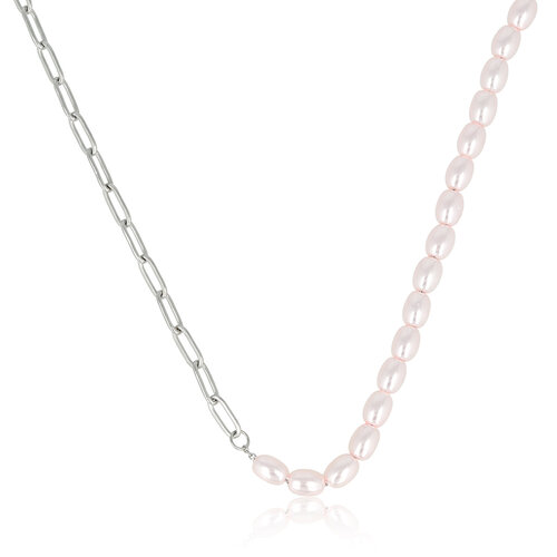 My Bendel Zilveren Schakelketting met Roze Parels