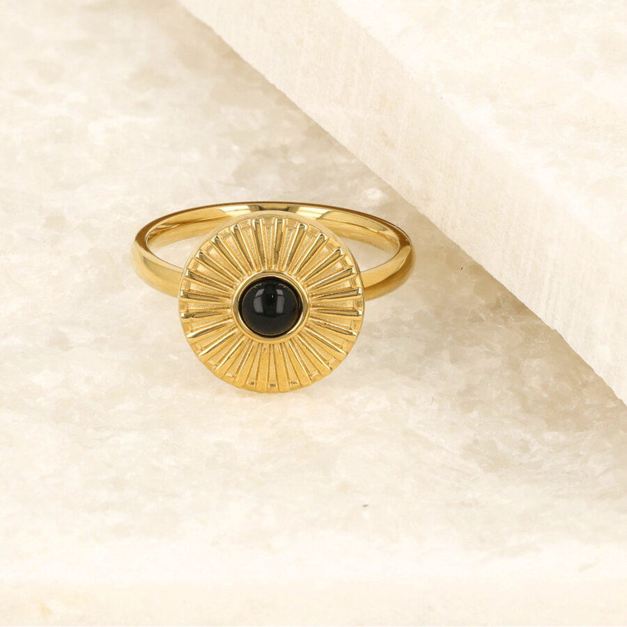 My Bendel Cheerful gold and stainless steel ring with sunburst design and onyx gemstone