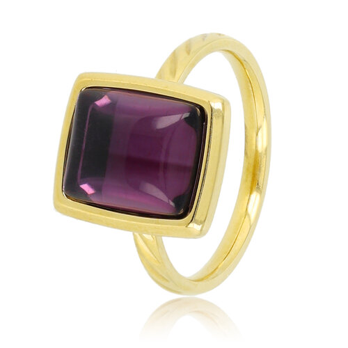 My Bendel Gouden damesring - paarse glassteen 11 mm