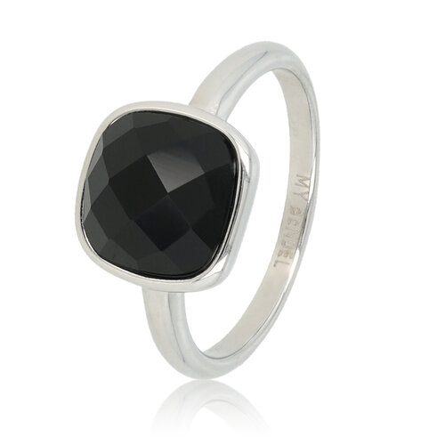 My Bendel Zilveren ring - Grote facet zwarte kristal glassteen
