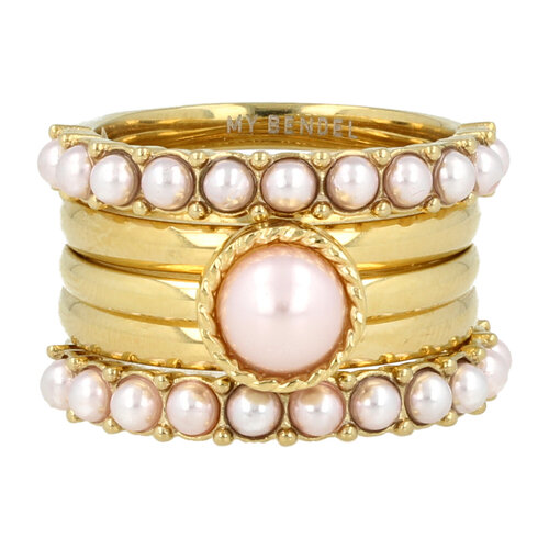 My Bendel Gouden ringenset - roze parels - tijdloze schoonheid