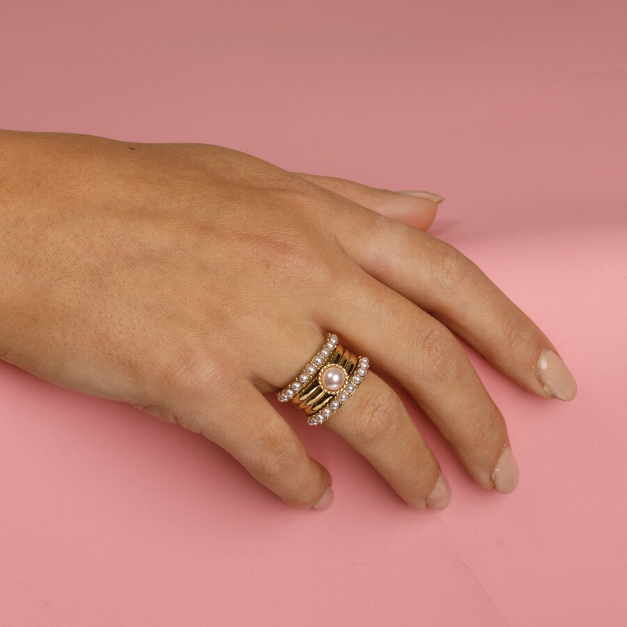 My Bendel Funkelndes Ringset mit glatten Applikatorringen und rosa Perlen