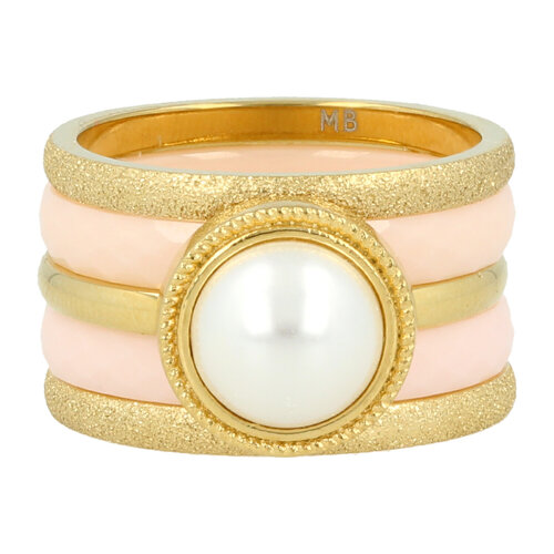 My Bendel Gouden ringenset - witte parel - stardust - roze keramiek