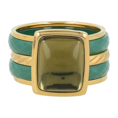 My Bendel Gouden ringenset - keramiek - grote lichtgroene glassteen