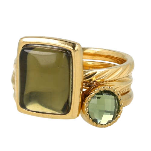 My Bendel Ringenset goud - licht groene glasstenen - 3 ringen