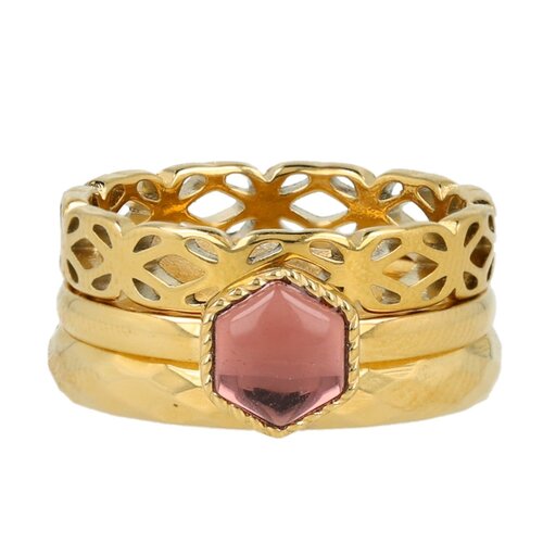 My Bendel Gouden ringenset - zeshoekige roze glassteen