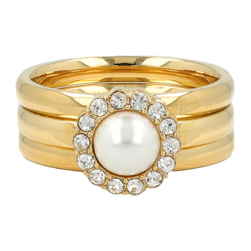 My Bendel Gouden ringenset - witte parel - zirkonia stenen