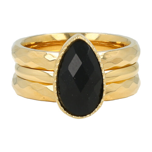 My Bendel Gouden ringenset - Facet geslepen - Zwarte glassteen