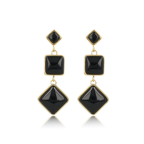 My Bendel Elegante Gouden Oorbel met Drie Onyx Edelstenen