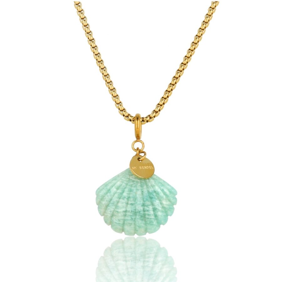 My Bendel  Sommerliche Goldkette mit Amazonit-Muschel-Edelstein