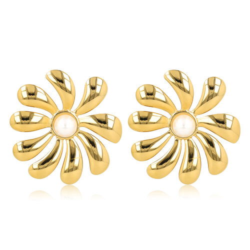 My Bendel Stralende Gouden Bloemoorbel met Parel
