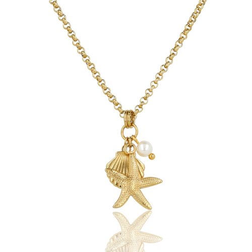My Bendel Gouden Zomerse Ketting met Schelp, Zeester & Parel Hanger