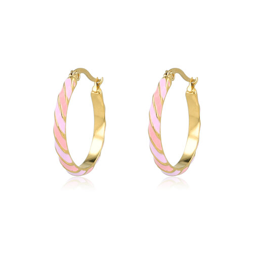 My Bendel Stralende Gouden Oorringen met Roze en Lila Epoxy