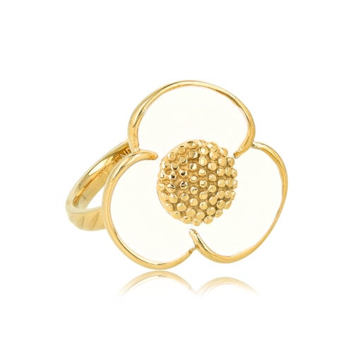 My Bendel Gouden bloem ring - wit epoxy - speelse stijlvolle touch