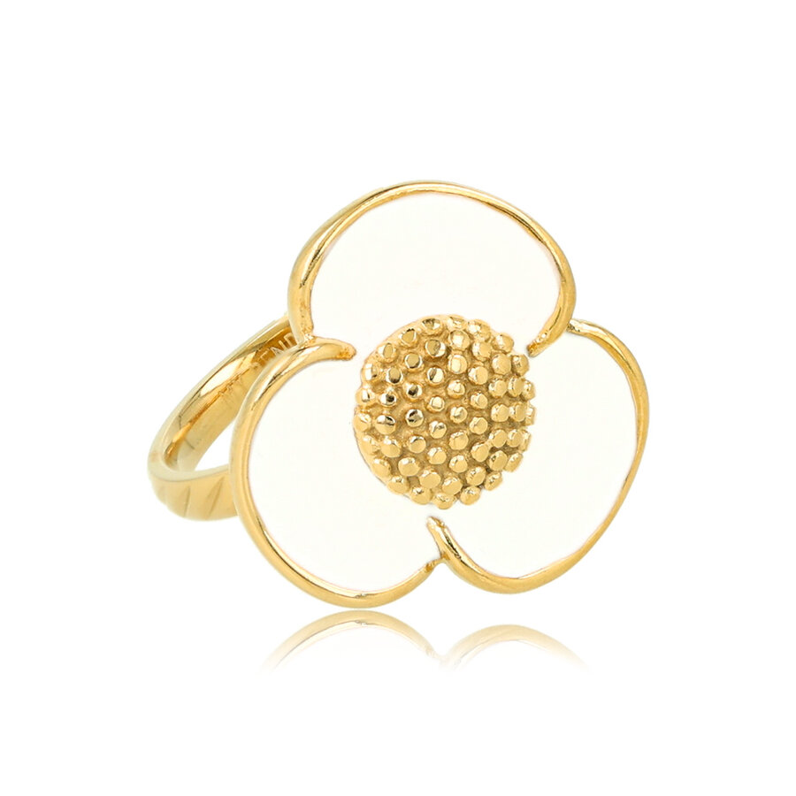 My Bendel Gouden bloem ring met wit epoxy, 20 mm, speels en stijlvol. Perfect voor elke outfit. 1 jaar garantie.