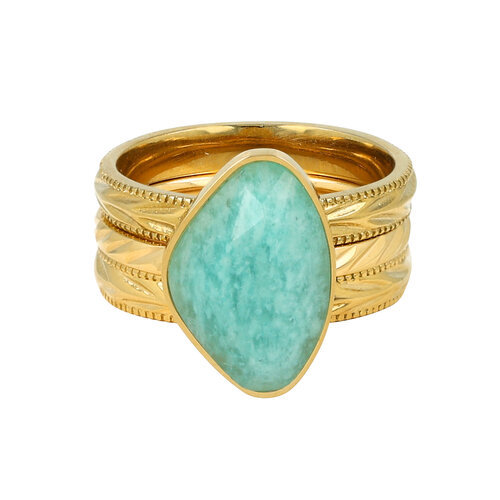My Bendel Gouden ringenset - bladmotief - Amazonite edelsteen