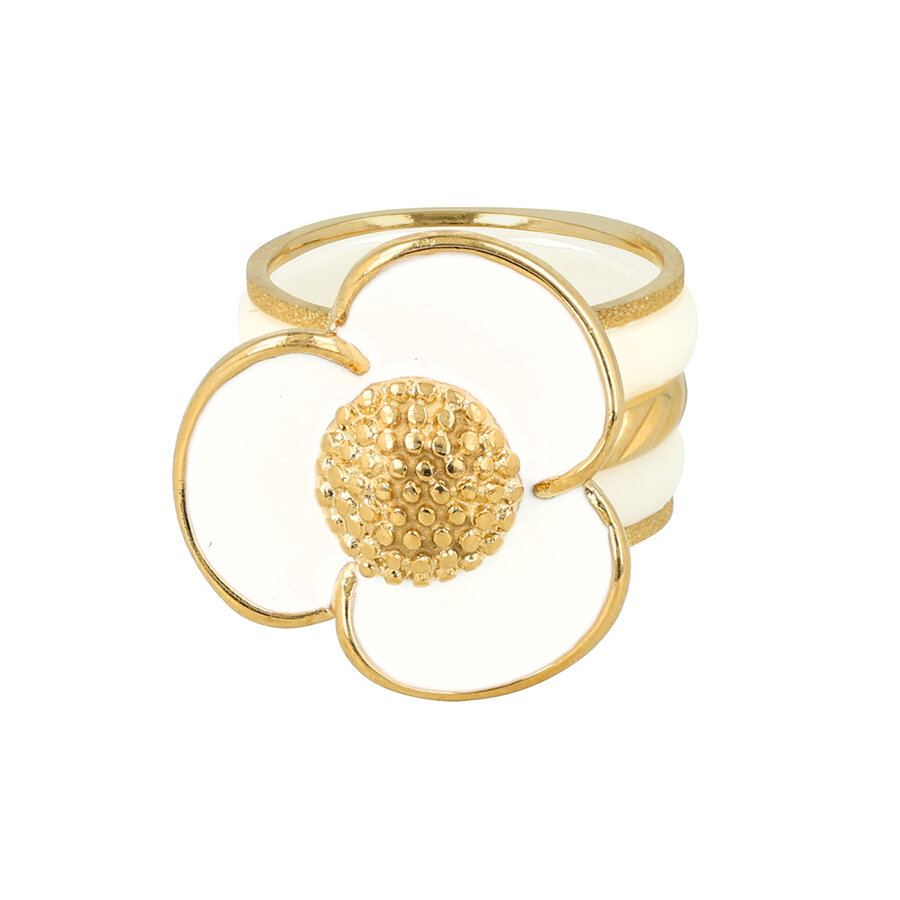 My Bendel Witte keramiek en gouden stardust ringenset met epoxy bloem. Luxe en stijlvol. Inclusief 1 jaar garantie.
