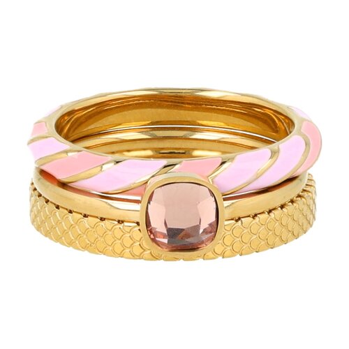 My Bendel Ringenset - gestreepte epoxy - roze glassteen - slangenprint