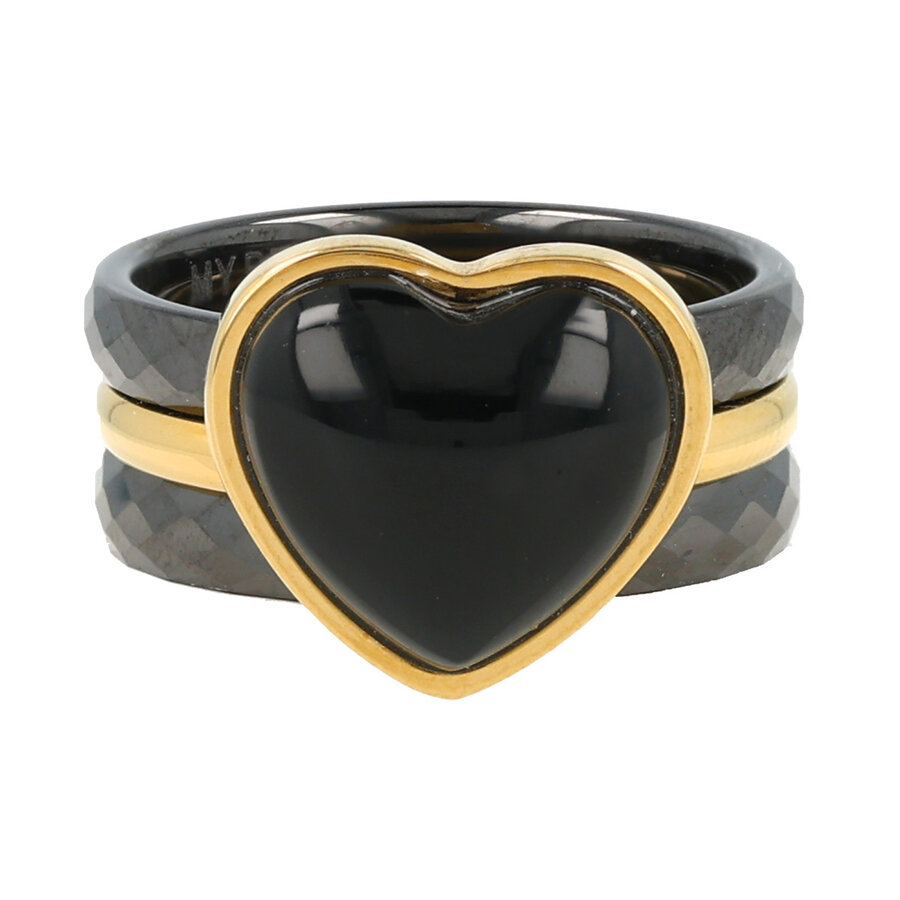 My Bendel Gouden ringenset met Onyx hart: wijsheid & logica. 2 zwarte keramiek ringen. 1 jaar garantie.