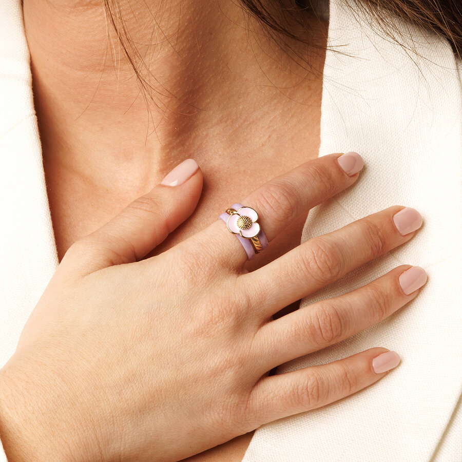 My Bendel Lila keramieken ringen set: gouden ring met Epoxy bloem, 2 geslepen ringen. Stijlvol en uniek. 1 jaar garantie.