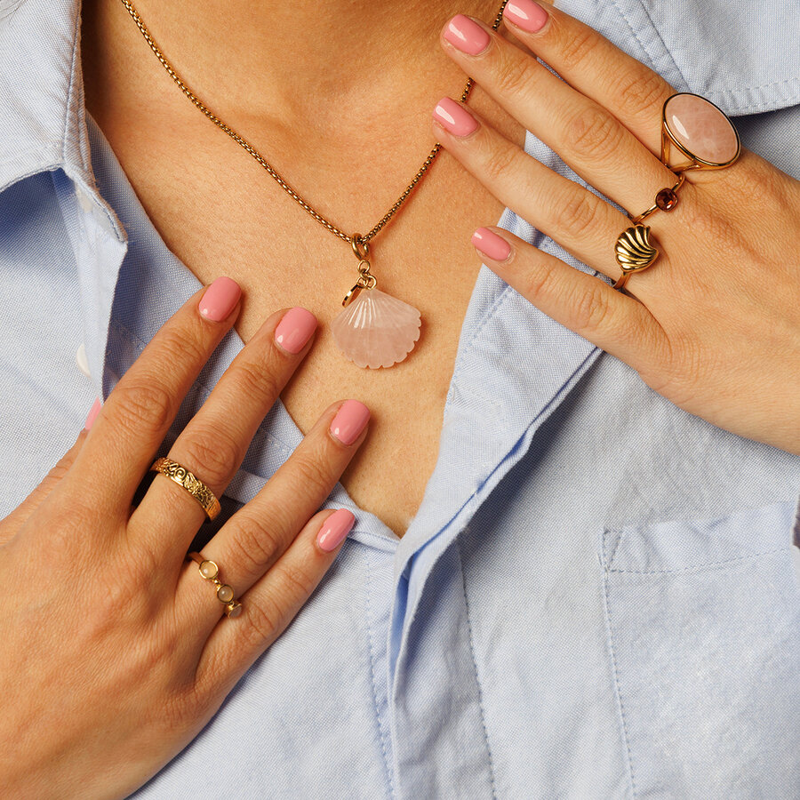 My Bendel Einzigartiger Goldring für Frauen mit Rosenquarz als Schmuckstein