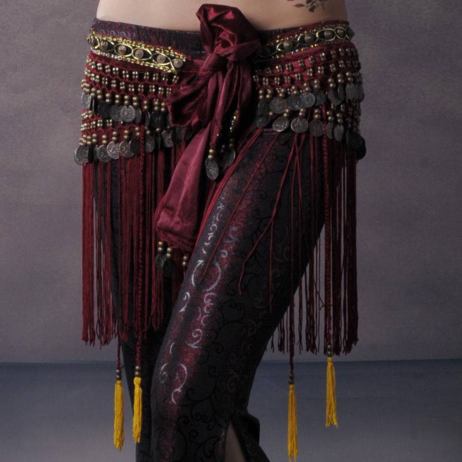 Tribal hip scarf with fringes in bordeaux