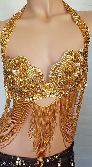 Bellydance bra Dalal in gold- beautifully beaded with sequins and