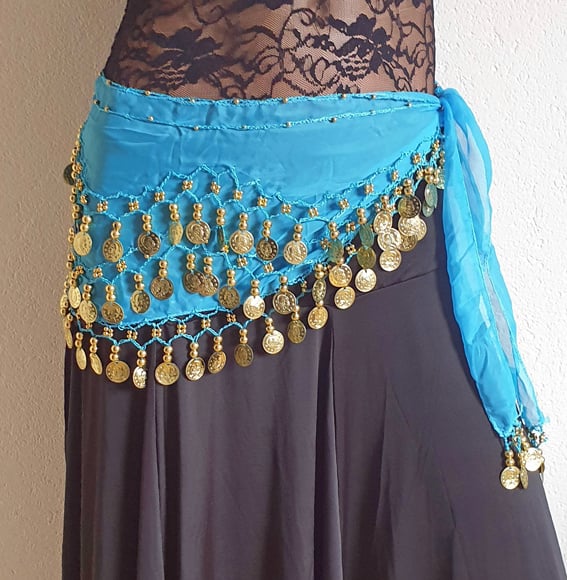 Hip scarf turquoise with gold coins