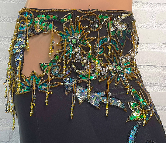 Belly dance costume in black with green  and gold sequins