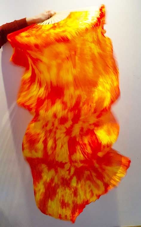 Silk belly dance fan veils in flame colour