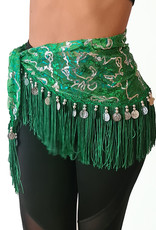 Hip scarf green with silver accents, with silver coins
